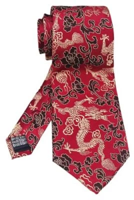 Men's Dragon Tie Peony Embroidery Woven Wedding Formal Silk One Size Wine Red - Image 1 of 4