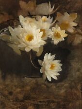 White Water Lilies Still Life 18 x 24 in Rolled Canvas Print Vintage Painting