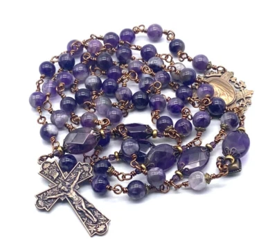Rosario de reliquia católica envuelto en alambre de piedras preciosas de amatista grande Foto 1 de 4