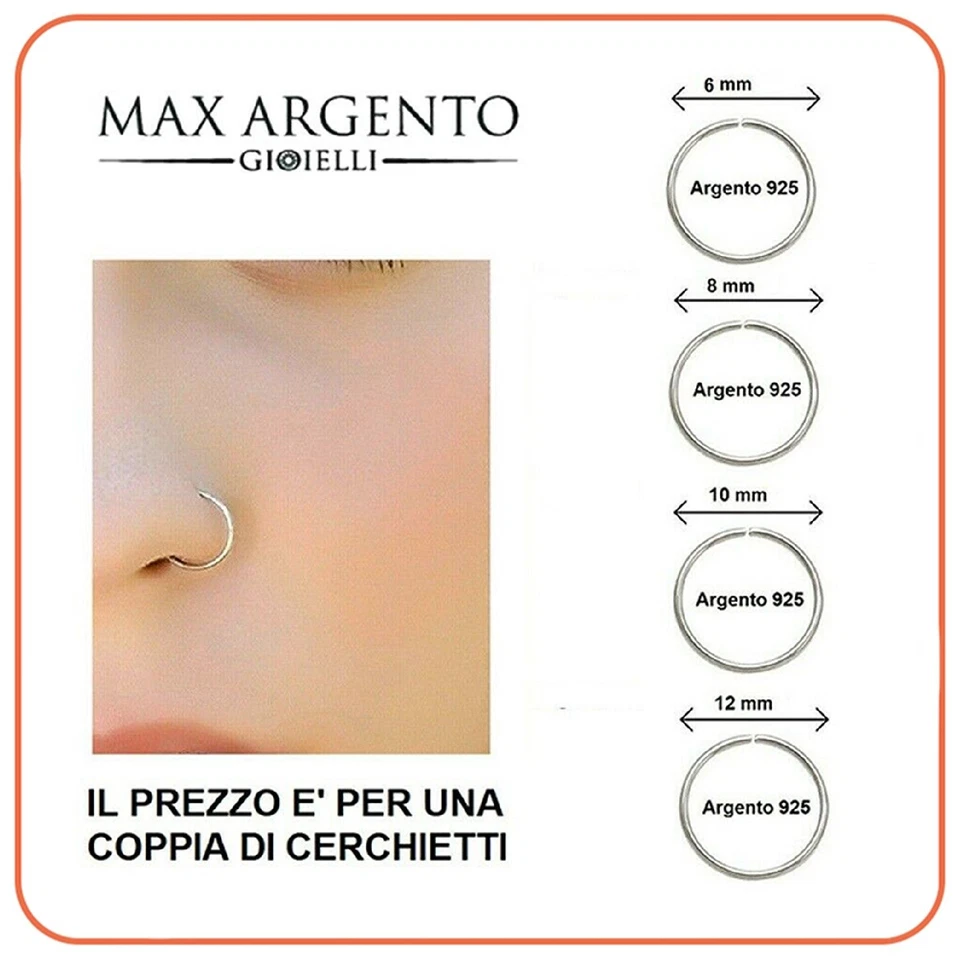 Orecchino Piercing Naso Argento 925  Anello Aperto Cerchietto 6/8/10/12  mm - Immagine 1 di 4