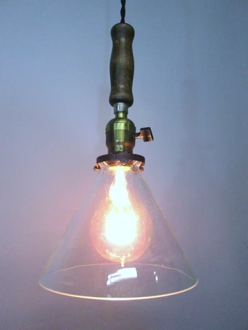 Vintage Industrial Drop Pendant Light Wooden Handle Scientific Cone Shade 13" Cover