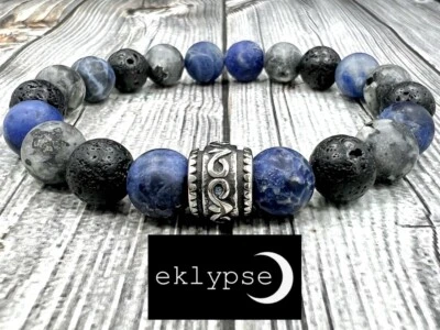 Pulsera unisex 8" acero inoxidable 10 mm sodalita + labrodorita + cuentas de piedras preciosas de lava Foto 1 de 4