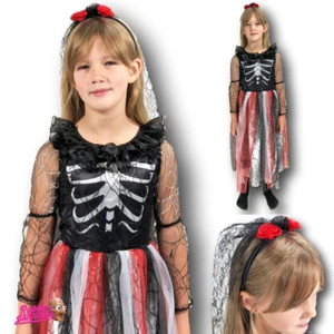 Girls Day of the Dead Costume Halloween Skeleton Bride Kids Fancy Dress - Picture 1 of 9