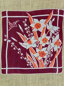 Vintage 1940's Red Daffodil Printed Cotton Hankie * Handkerchief - Picture 1 of 3