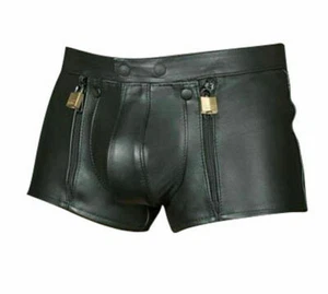 MENS GENUINE COW LEATHER LOCKING BLACK SHORTS with REAR ZIP Clubwear or Bondage - Picture 1 of 2
