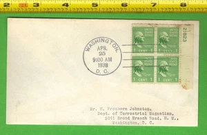 1938 FDC Scott #804 1¢ Washington Plate Block #21823 | DC Cancel | Johnston - Picture 1 of 2