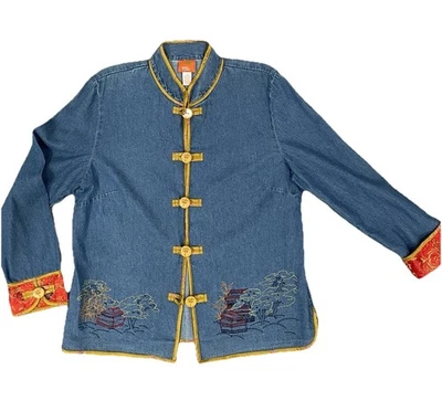 Hearts of Palm куртка женщин 12 синий джинсовой ткани вышитая пагода ретро Y2K богемное - Изображение 1 из 4