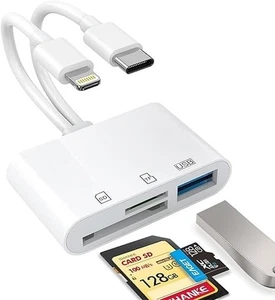Dual Port TF/SD Card Reader with USB for iPhone, iPad and Android USB-C Phones - Afbeelding 1 van 5
