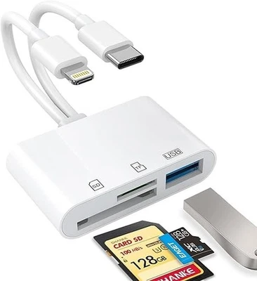 Dual Port TF/SD Card Reader with USB for iPhone, iPad  and Android USB-C Phones - Image 1 of 4