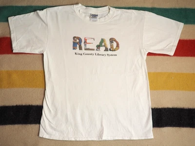 VTG 90s Y2k Gildan King County Seattle Library Book Art White Tee T-Shirt Mens L - Image 1 of 4