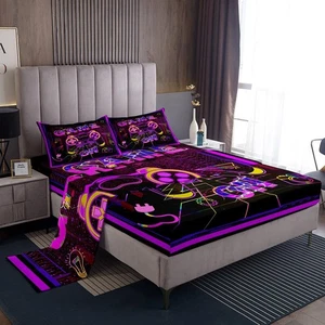 Gaming Sheet Set Gamer Neon Purple Pink Sheets with Deep Pocket Fitted Sheet ... - Picture 1 of 7