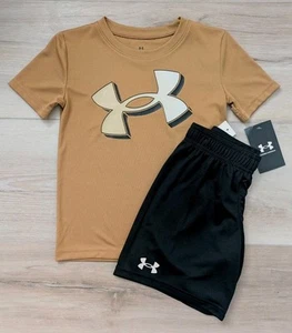 NWT Under Armour Boys Size 5 T-Shirt & Shorts 2-P Set Brown Camel Black MSRP $40 - Picture 1 of 4