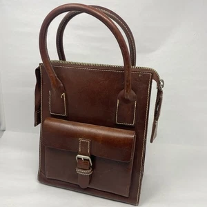 Vintage 90s Gap Brown Leather Purse Bag Top Handles Zipper Top Rare Bucket Box - Picture 1 of 16