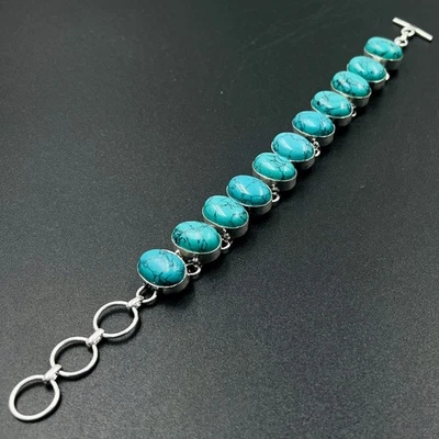 925 Sterling Silver Natural Turquoise Gemstone Handmade Jewelry Chain Bracelet - Image 1 of 4