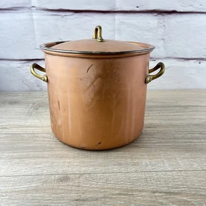 Vintage Copral Copper Stock Pot Portugal 4 Qt 7.5W x 6.25 Rolled Edge w/Lid - Picture 1 of 18