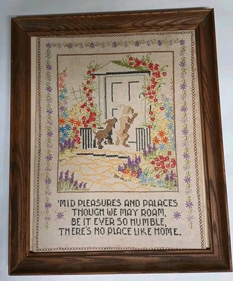 Antique Framed Embroidery Crossstitch No Place Like Home Dogs Door Roses 19"x23" - Image 1 of 4
