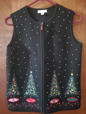 Chaleco Charter Club Mujer PEQUEÑO Negro Lana Cuentas Bordado Navidad Vacaciones Foto 1 de 4