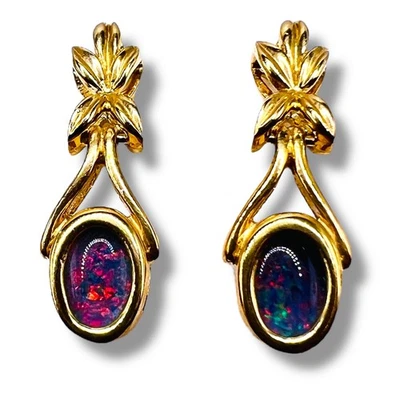  Opal Triplet Oval Bezel 14k Yellow Gold Drop Vintage Earrings 3.60 Grams - Image 1 of 4