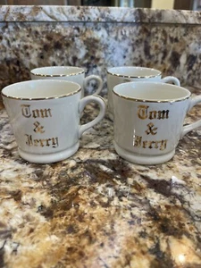Vintage Tom & Jerry Hall Pottery Cups Set Of 4, Ivory With Gold Trim And Letters - Picture 1 of 6