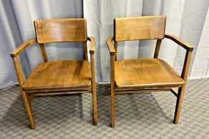 Vintage ARM CHAIR PAIR mid century modern wood office dining set 60s wooden mcm - Picture 1 of 7