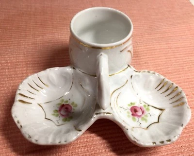 Serviteur ancien sel - poivre - moutarde / vide poche en porcelaine début XXe s. - Photo 1/4