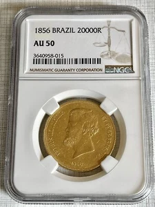 Brazil 1856 20000 Reis Gold Coin NGC AU50 SKU# 7730 - Picture 1 of 2