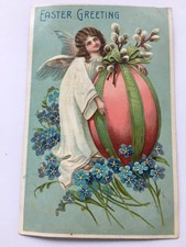Antique Easter Postcard Germany early 1900s Forget me Not & Pussy Willow Angel