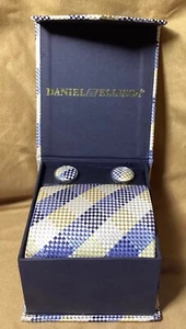 Daniel Ellissa Gift Box Geometric Tie, Handkerchief & Cuff Link Set Blue & Tan - Picture 1 of 8