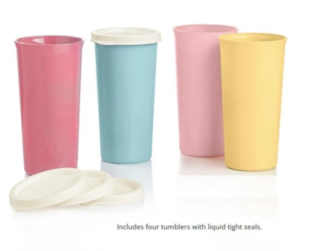 Tupperware Tumblers Set of 4 Pastel Yellow Pink Blue w/ White Seals 16 oz. New - Image 1 of 1