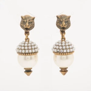 Authentic GUCCI Tiger Head Clip-on Earrings GP × Faux Pearl Gold As is - Picture 1 of 6