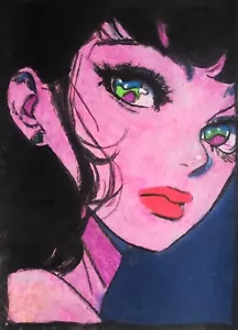 Portrait Frau / Mädchen Abstrakt Gemälde Papier A4 Ölkreide Moderne Kunst Bild - Bild 1 von 2