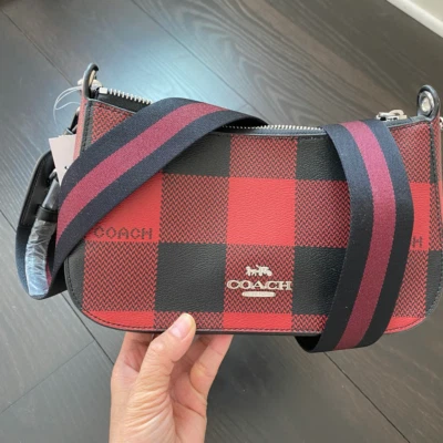 Coach Canvas Buffalo Plaid Print Jes Baguette Crossbody C6818 Red Multi - Image 1 of 4