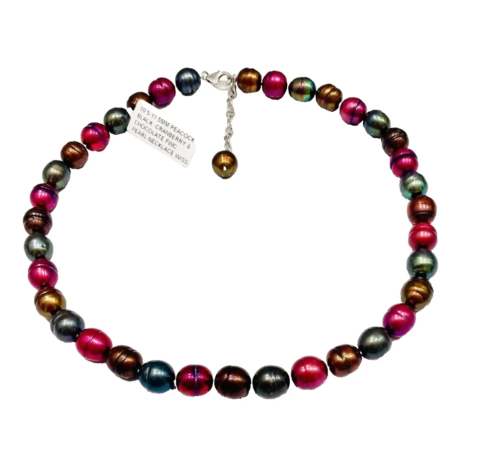 COLLAR DE PERLAS OVALADAS 10,5-11,5 MM PAVO REAL NEGRO, ARÁNDANO Y CHOCOLATE CON SS Foto 1 de 4