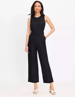 Macacão Ann Taylor LOFT 18 linho viscose com cinto sem mangas bolsos perna larga - Imagem 1 de 4