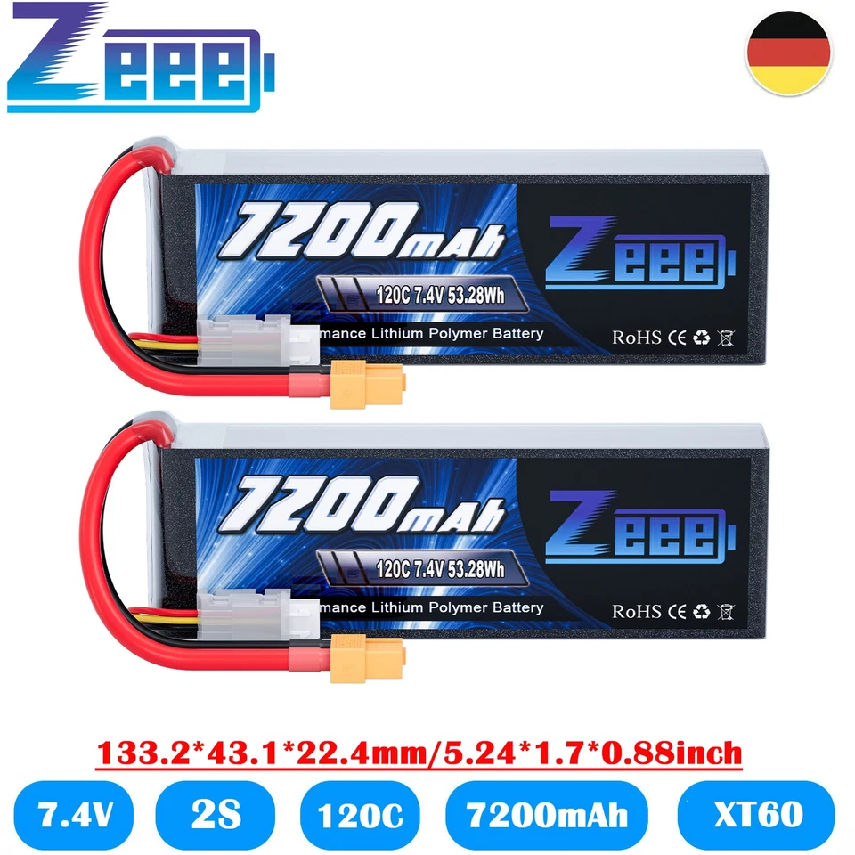 2x Zeee 2S 7.4V Lipo Akkus 120C 7200mAh XT60 für RC Tank Helicopter RC Flugzeug - Bild 1 von 4