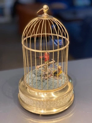 ANCIENNE BOITE A MUSIQUE Cage à deux oiseaux siffleurs   Cage dorée vintage - Photo 1/3