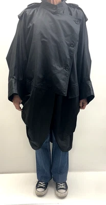 Vintage ISSEY MIYAKE Black Waxed Cotton Asymmetric Coat w/ Removable Collar Sz 9 - Image 1 of 4