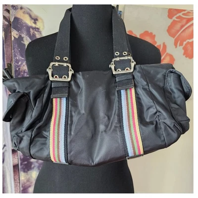 Bolso FRANCO SARTO Hebilla Grande Vintage Y2K Negro Nylon con Detalle de Rayas Coloridas Foto 1 de 4