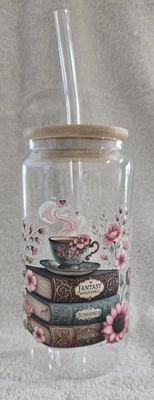 Vaso de vidrio personalizado para libros y té de 18 oz + tapa + paja Foto 1 de 3