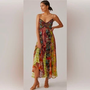 Anthropologie Multi Print V Neck Maxi Dress Embroidered Sz 2P Bohemian RARE - Picture 1 of 14