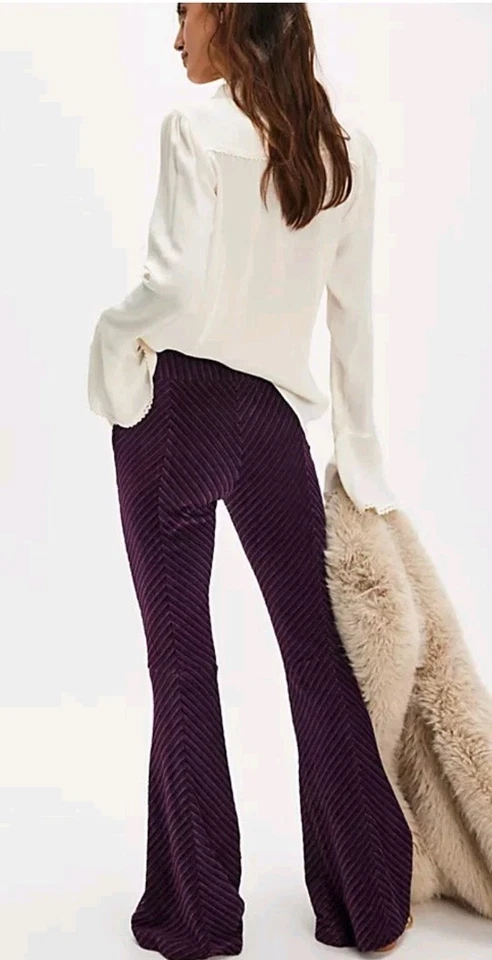 Free People Ribbed Velvet Flare Pant Pull On Boho Hippie Womens S - Image 1 of 4