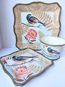 Certified International Jennifer Brinley Antiqua Postmark Blue Gold Bird 3 Piece - Picture 1 of 12