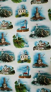 New, 100% Cotton, BTYx45" Elizabeth's Studio, "West Coast Lighthouses", Blue - Picture 1 of 3