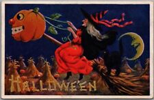 1910s HALLOWEEN Postcard Witch on Flying Broom Black Cat JoL -Artist-Signed WALL