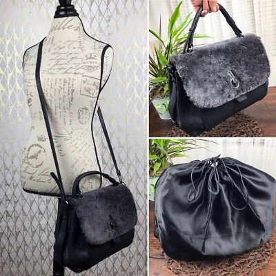 STUART WEITZMAN RARE Med Leather Faux Fur Canvas Lining Gunmetal Satchel Purse - Image 1 of 4