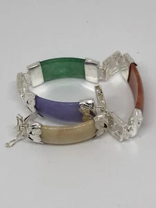 Multi colored Green,Lavender,Brown,Cream Genuine Jade 925 Silver Bracelet - Picture 1 of 11