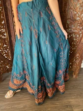 VINTAGE Boho Gypsy Hippy Maxi Skirt Teal Blue Embroidered INDI Long Skirts ML