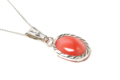 9ct White Gold Coral Pendant and Chain Oval Necklace Gift Boxed Made in UK  - Image 1 of 4
