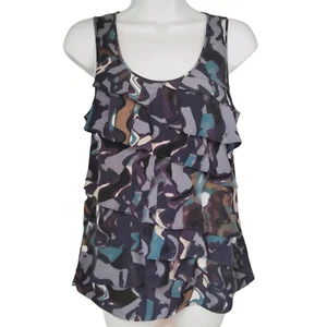 Blusa para mujer Ann Taylor pequeña púrpura negra abstracta geométrica con volantes pequeña - Imagen 1 de 7