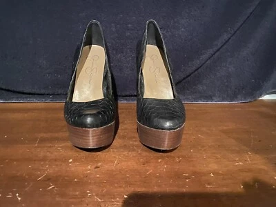 Jessica Simpson Talla 6.5 Cuero Negro Estampado Animal Plataforma 5 Pulgadas Tacones Geniales Foto 1 de 4